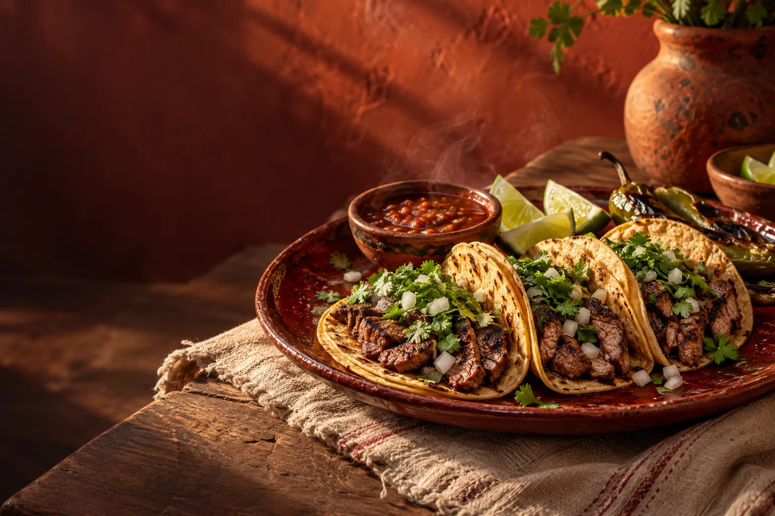 Fresh carne asada tacos with lime and salsa on handmade ceramics